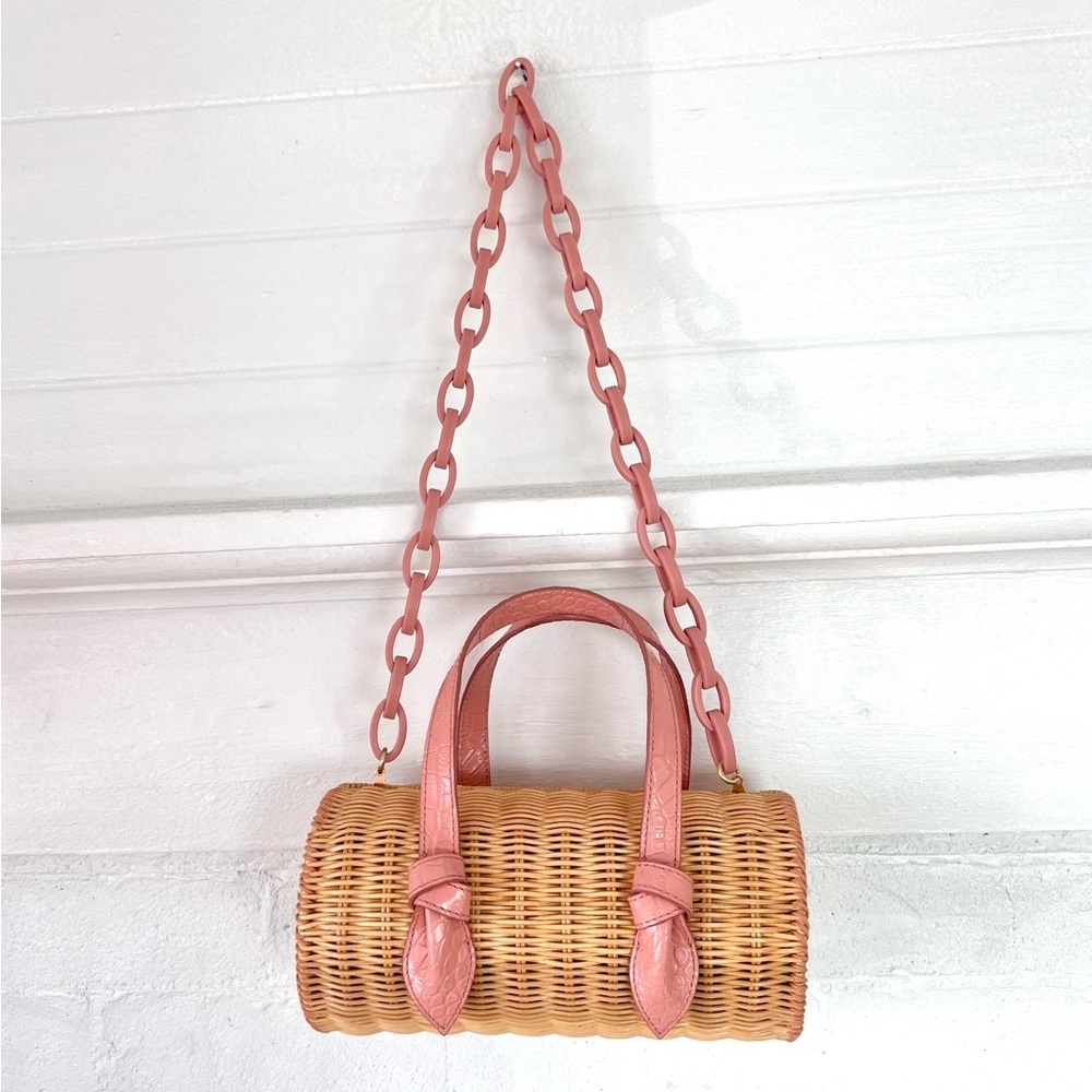 Pink Straw Shoulder Bag with Pink Chain Handles - Picture 7 of 14